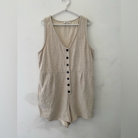 Madewell Tan Button-Front Jumpsuit v neck linen summer rompers - Picture 2 of 11